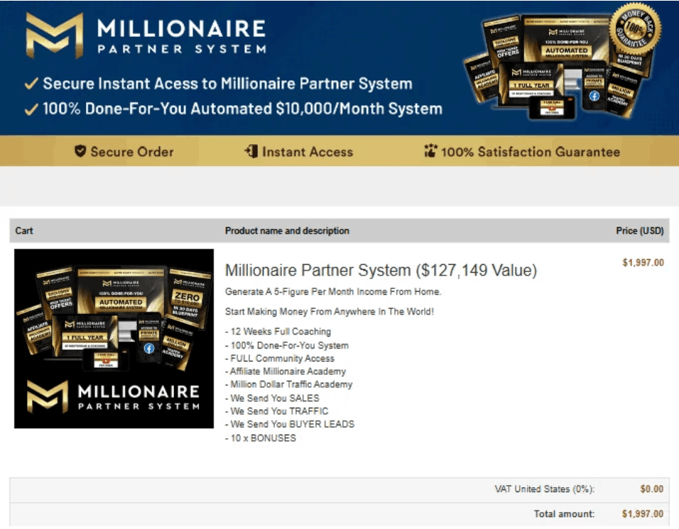 Millionaire Partner System checkout page